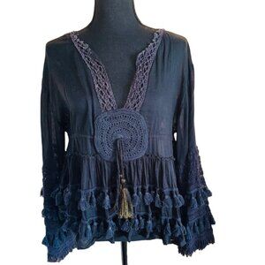 Bohemian Chic Laraethnics Black Cotton Tassel Crochet Top Blouse S/M Sustainable